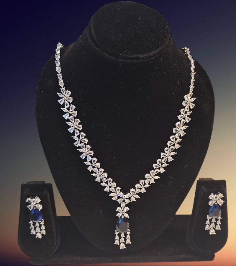 Blue Stone Pendant Necklace Set with American Diamond