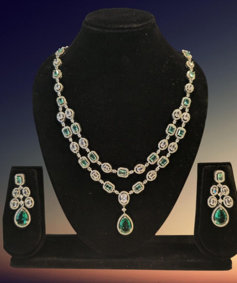 Double Layered Green & White CZ Necklace Set with Earrings