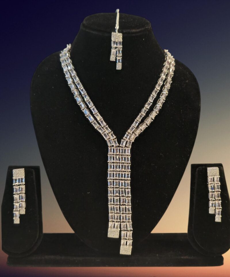 Double Layered White CZ Necklace Set with Matching Earrings