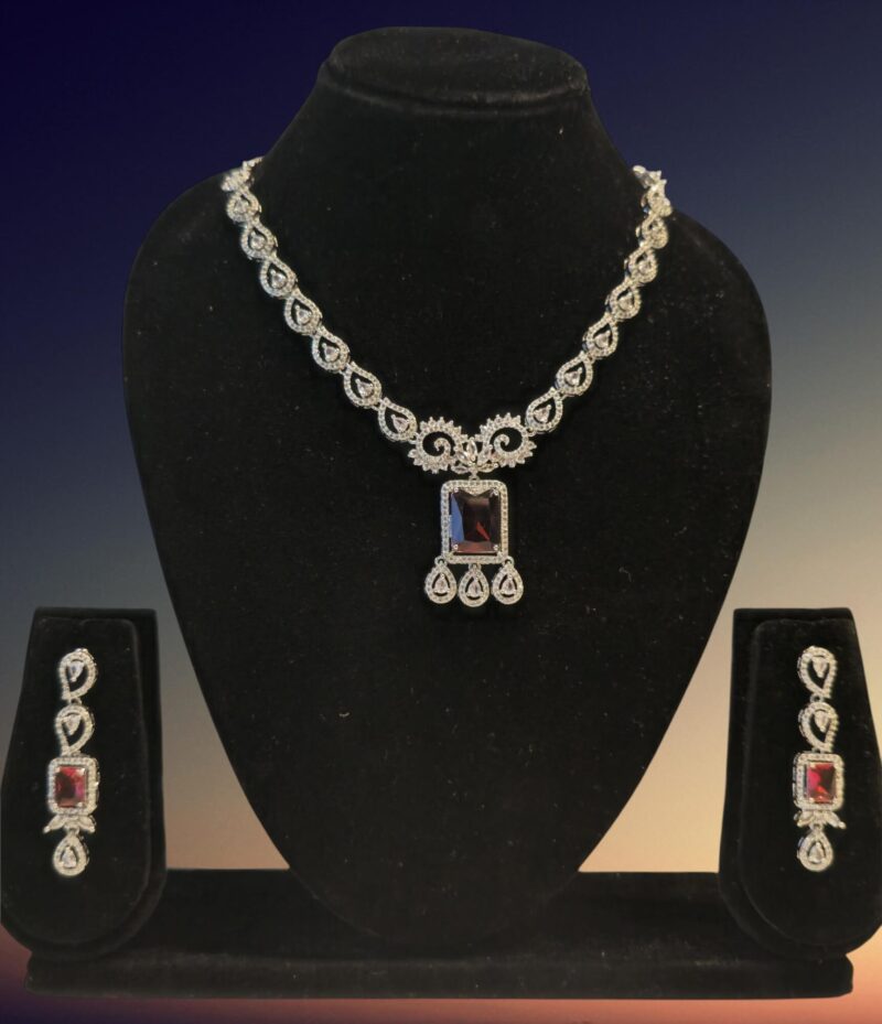 Elegant Red Stone American Diamond Pendant Necklace Set