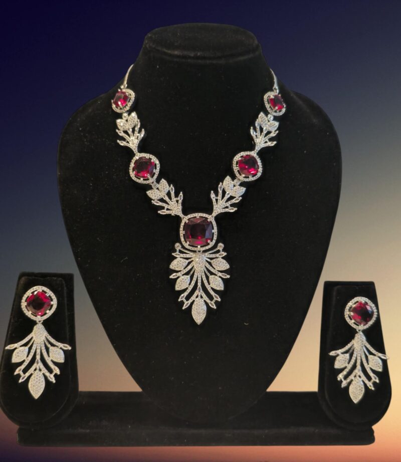 Floral design rhodium plated Ruby Red AD necklace set