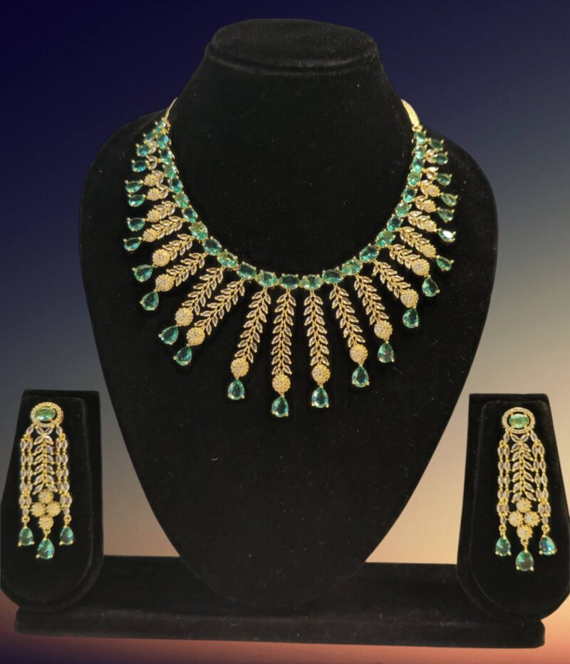 Premium Gold Toned American Diamond Green Necklace Set