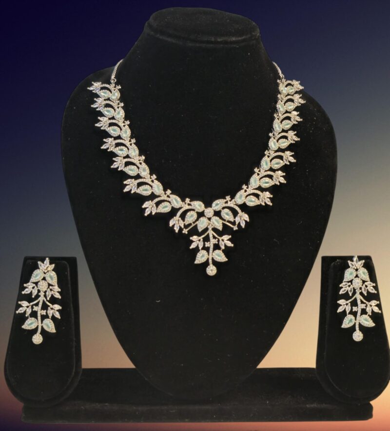 Premium Rhodium plated Mint Green Leaf Design AD Necklace Set