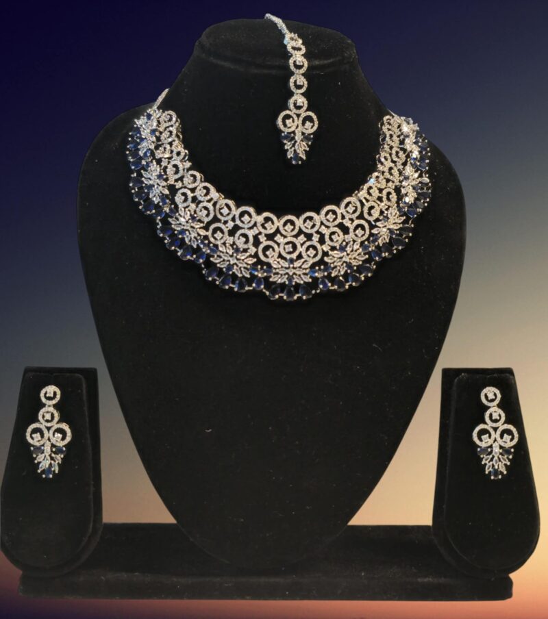 Rhodium plated CZ Blue & White Choker Necklace Set | Bonnt.com