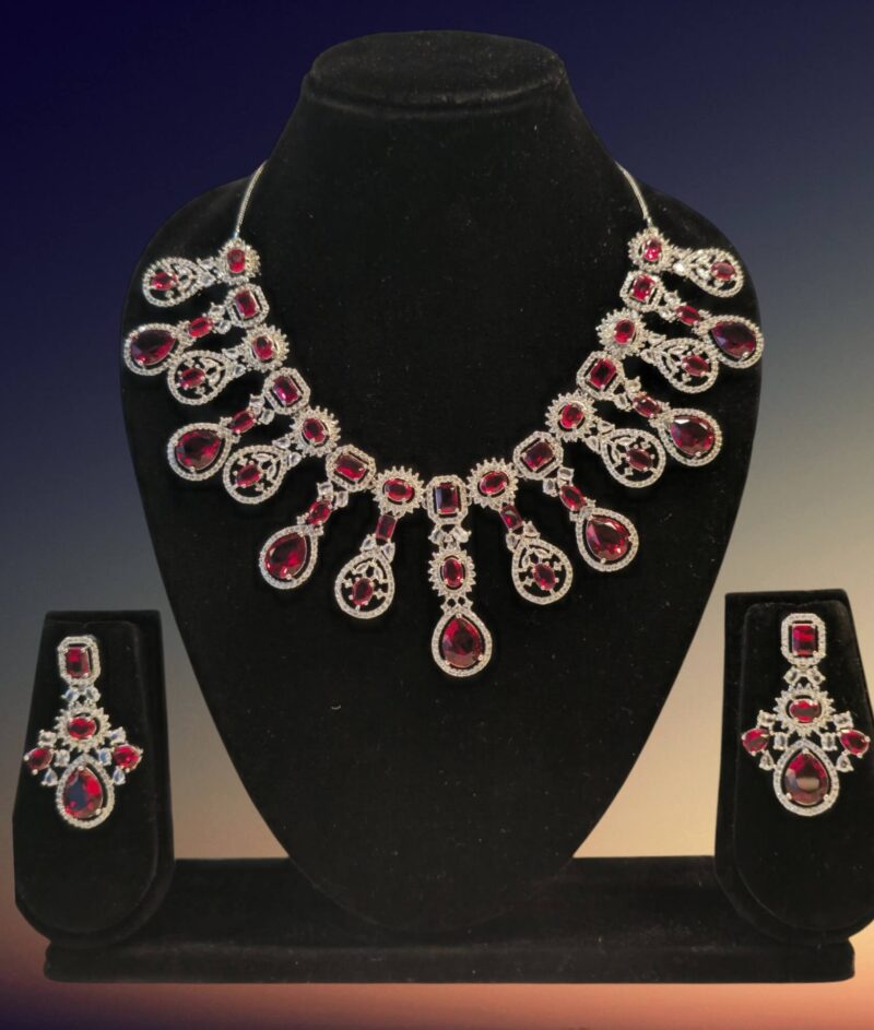 Ruby Red American Diamond Rhodium Plated Necklace Set