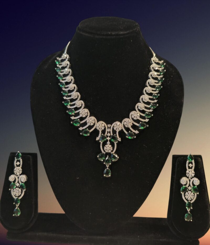 Rhodium plating Teardrop design Green AD Necklace set